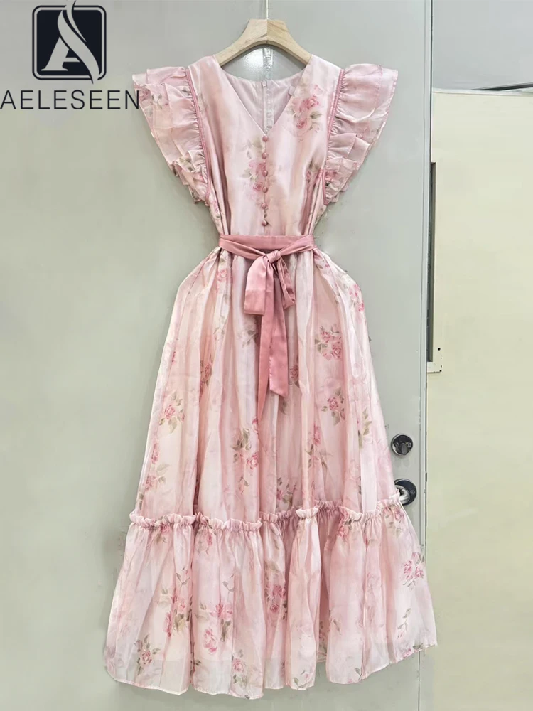 AELESEEN Fashion Designer Summer Dress Women Flying Sleeve V-Neck Pink Floral Print Ruffles Belt Casual Party Holiday
AELESEEN Fashion Designer Summer Dress Women Flying Sleeve V-Neck Pink Floral Print Ruffles Belt Casual Party Holiday