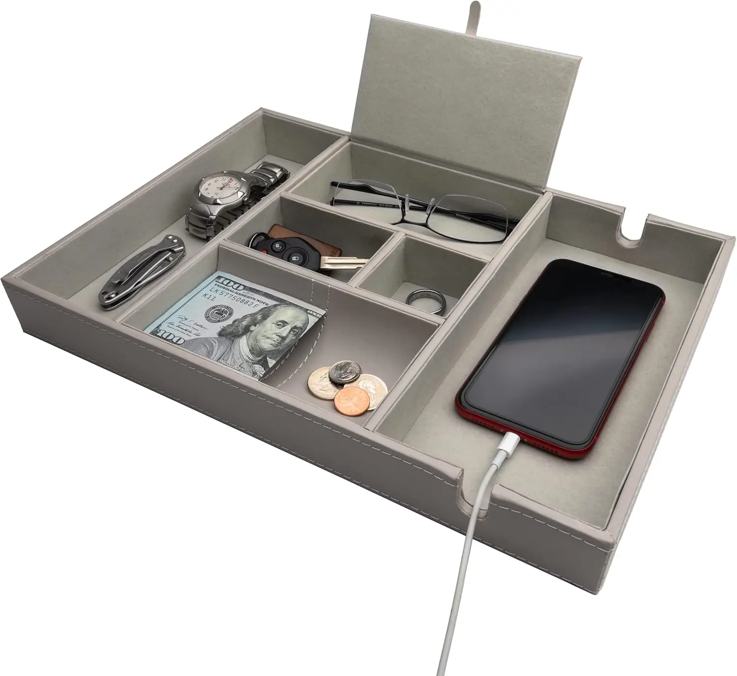 Nightstand Organizer, Valet Tray For Men And Women, Dresser Top Organizer, Catchall Tray, Gray Faux Leather, 6 Compartments
Nightstand Organizer, Valet Tray For Men And Women, Dresser Top Organizer, Catchall Tray, Gray Faux Leather, 6 Compartments