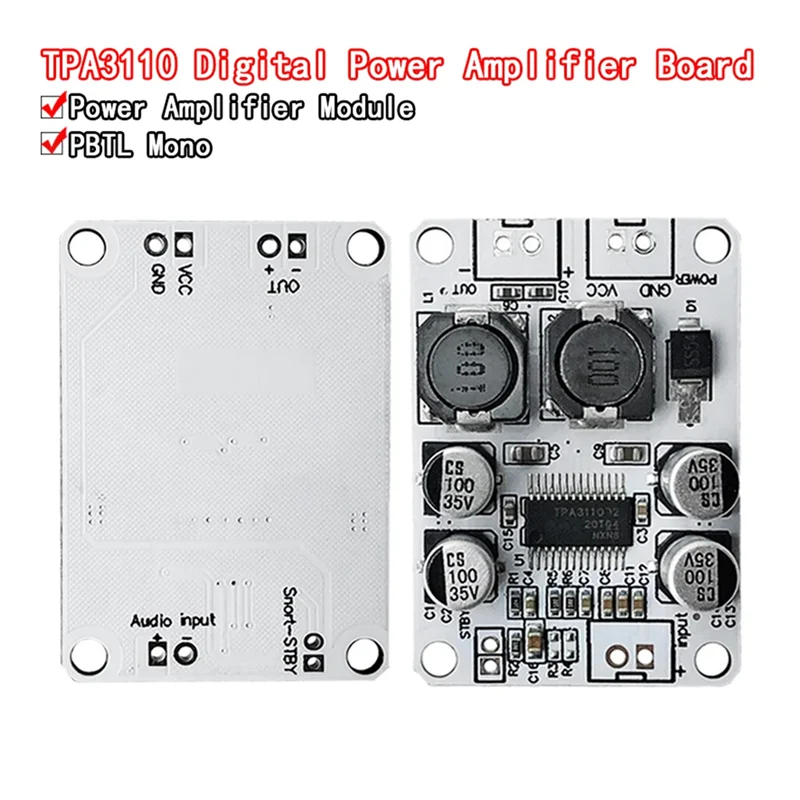 A99E-TPA3110 Amplifier Board PBTL Mono Digital Amplifier 30W Amplifier Module TPA3110 Digital Amplifier
A99E-TPA3110 Amplifier Board PBTL Mono Digital Amplifier 30W Amplifier Module TPA3110 Digital Amplifier