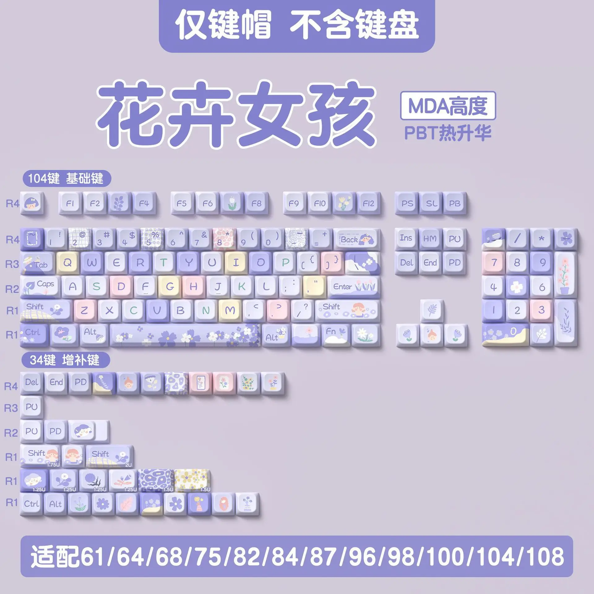 Flower girl keycap MDA highly personalized customized pbt sublimation mechanical keyboard cap
Flower girl keycap MDA highly personalized customized pbt sublimation mechanical keyboard cap
