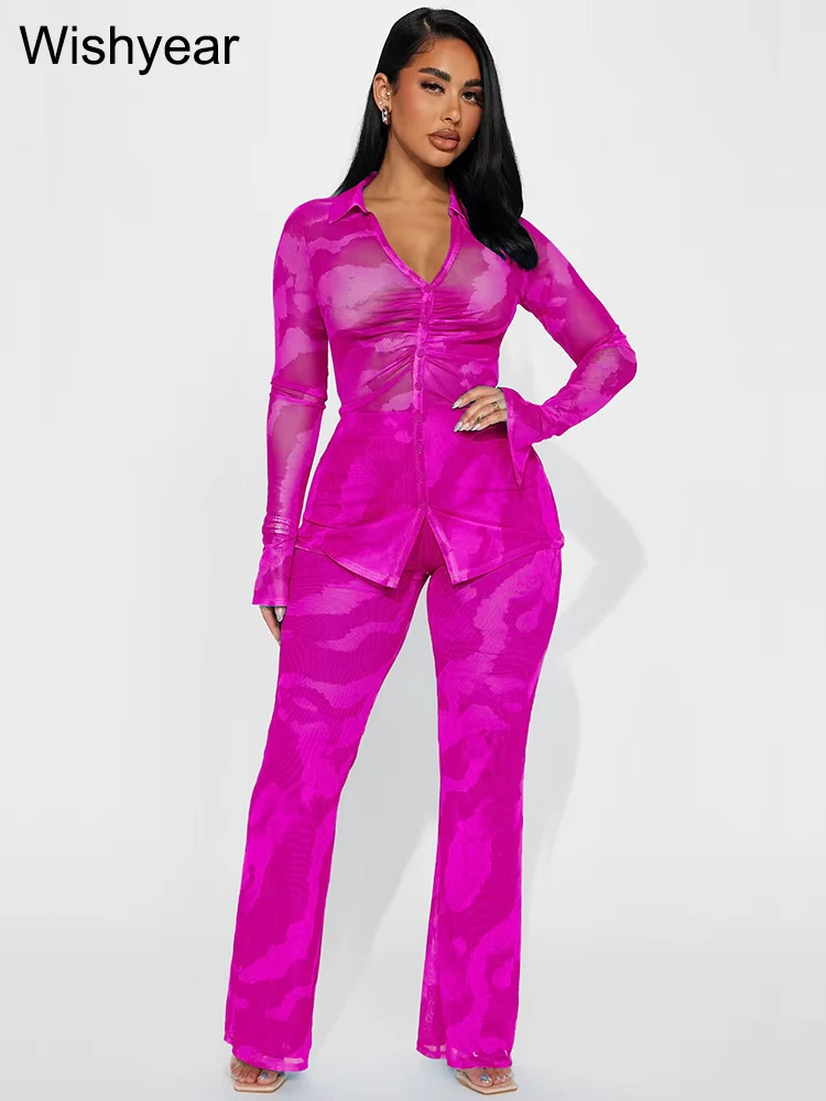 Women's Long Sleeve Sheer Mesh Printed Blouse Top and Wide Legs Pants Two Piece Sets Tracksuit Street Workout Clubwear New
Women's Long Sleeve Sheer Mesh Printed Blouse Top and Wide Legs Pants Two Piece Sets Tracksuit Street Workout Clubwear New