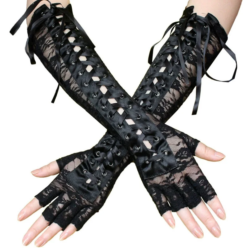 End-of-season lace strap gloves with ribbons and rivets, half-finger ceremonial party gloves for nightclubs
End-of-season lace strap gloves with ribbons and rivets, half-finger ceremonial party gloves for nightclubs