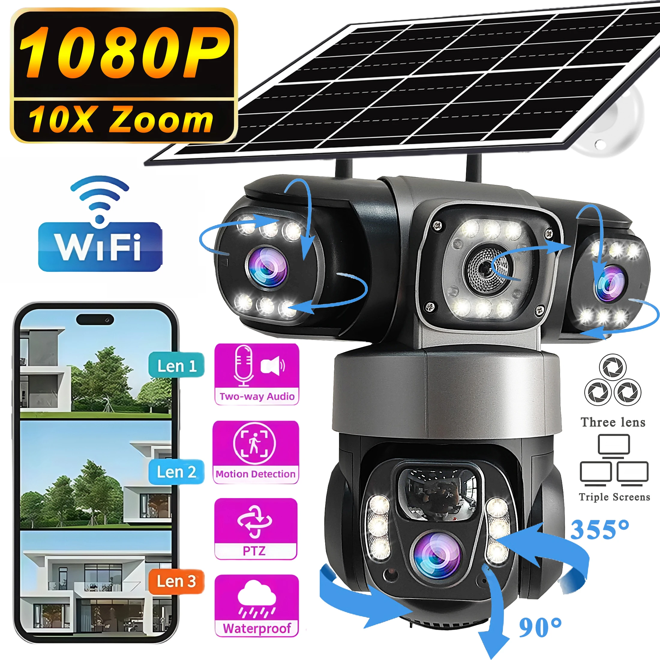 Солнечная WiFi-камера видеонаблюдения, WiFi CCTV 1080P с тремя объективами и тремя экранами, PTZ с автоматическим отслеживанием, V380 Pro
Солнечная WiFi-камера видеонаблюдения, WiFi CCTV 1080P с тремя объективами и тремя экранами, PTZ с автоматическим отслеживанием, V380 Pro