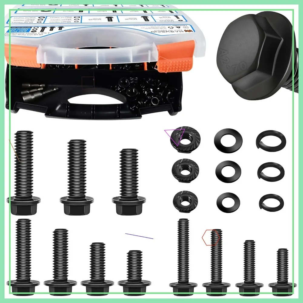 830Pcs M6 M8 M10 Bolts, Flange Hex Head Metric Bolt Assortment Kit for Automotive, Black Oxided Carbon Steel
830Pcs M6 M8 M10 Bolts, Flange Hex Head Metric Bolt Assortment Kit for Automotive, Black Oxided Carbon Steel