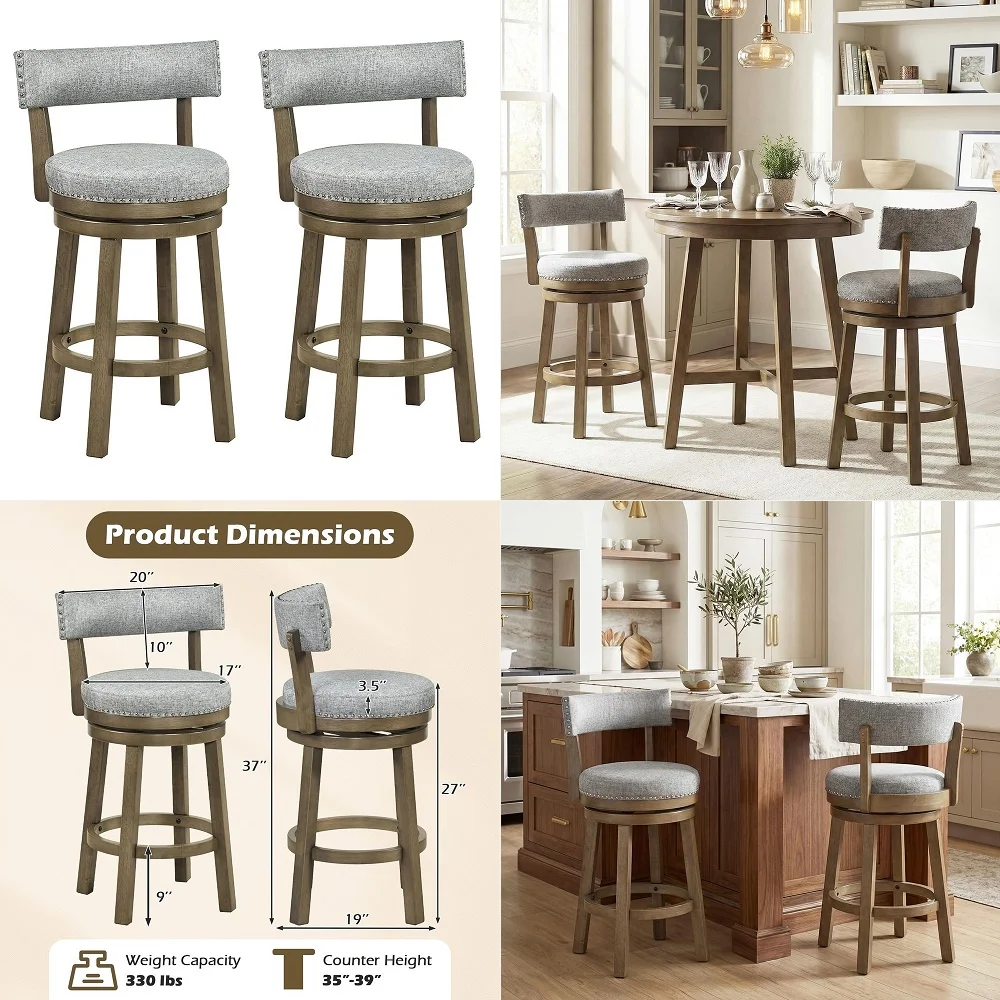Bar Stool Set of 2, 27inch 360 Swivel Barstool with Upholstered Back amp Seat, Solid Rubber Wood Legs amp Footrest, Farmhouse C
Bar Stool Set of 2, 27inch 360 Swivel Barstool with Upholstered Back amp Seat, Solid Rubber Wood Legs amp Footrest, Farmhouse C