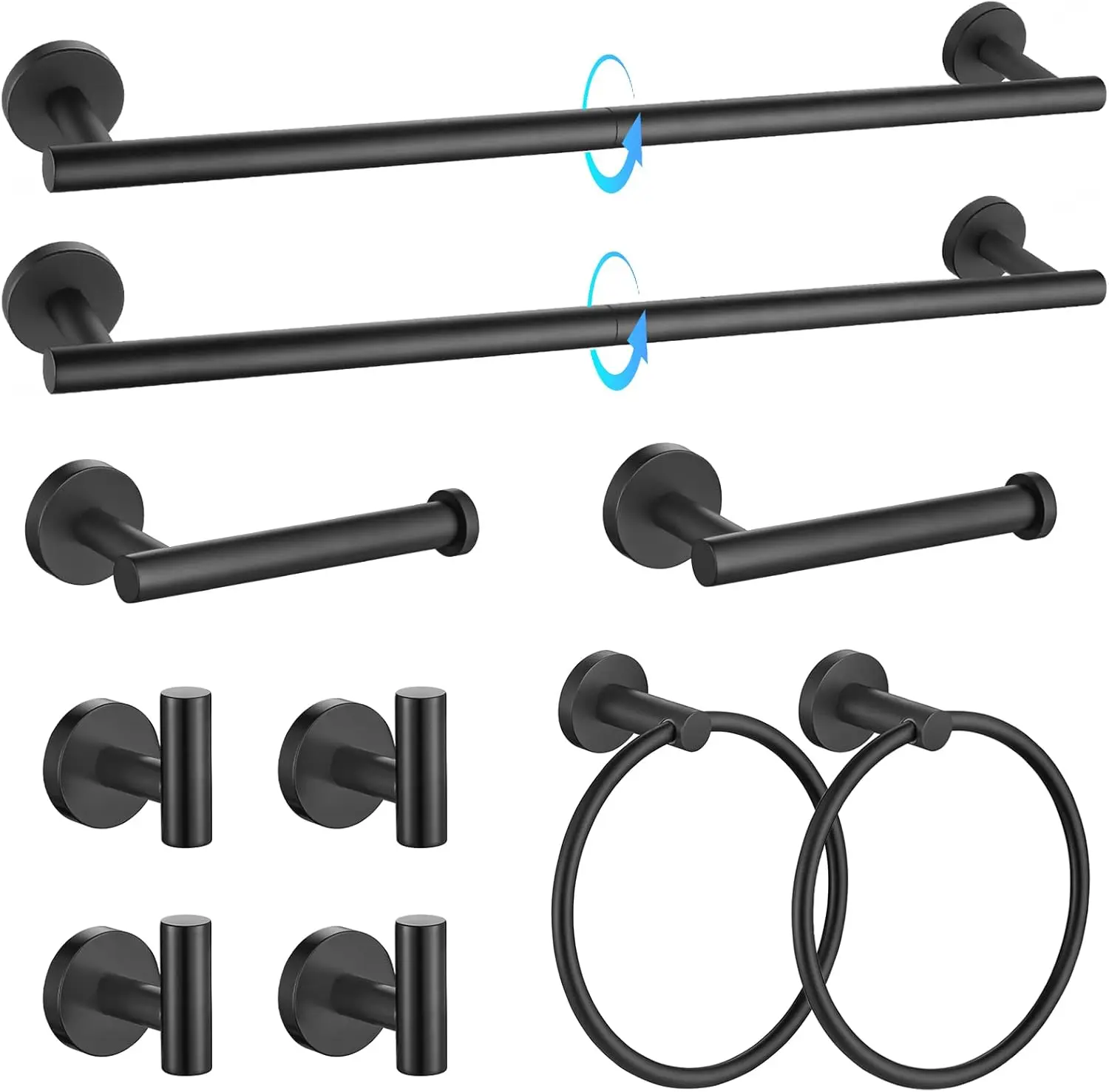 Matte Black Bathroom Hardware Set. 10-Pieces. SUS304 Stainless Steel. 23.6" Round Towel Bar, Racks. Wall Mounted.
Matte Black Bathroom Hardware Set. 10-Pieces. SUS304 Stainless Steel. 23.6" Round Towel Bar, Racks. Wall Mounted.