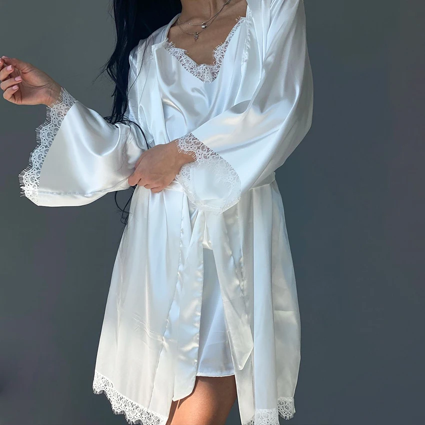 HiLoc Elegant Silk Lace With Belt Robe Sets Sexy Mini Spaghetti Strap Dress For Women High Waist White Nightgown Female Spring
HiLoc Elegant Silk Lace With Belt Robe Sets Sexy Mini Spaghetti Strap Dress For Women High Waist White Nightgown Female Spring