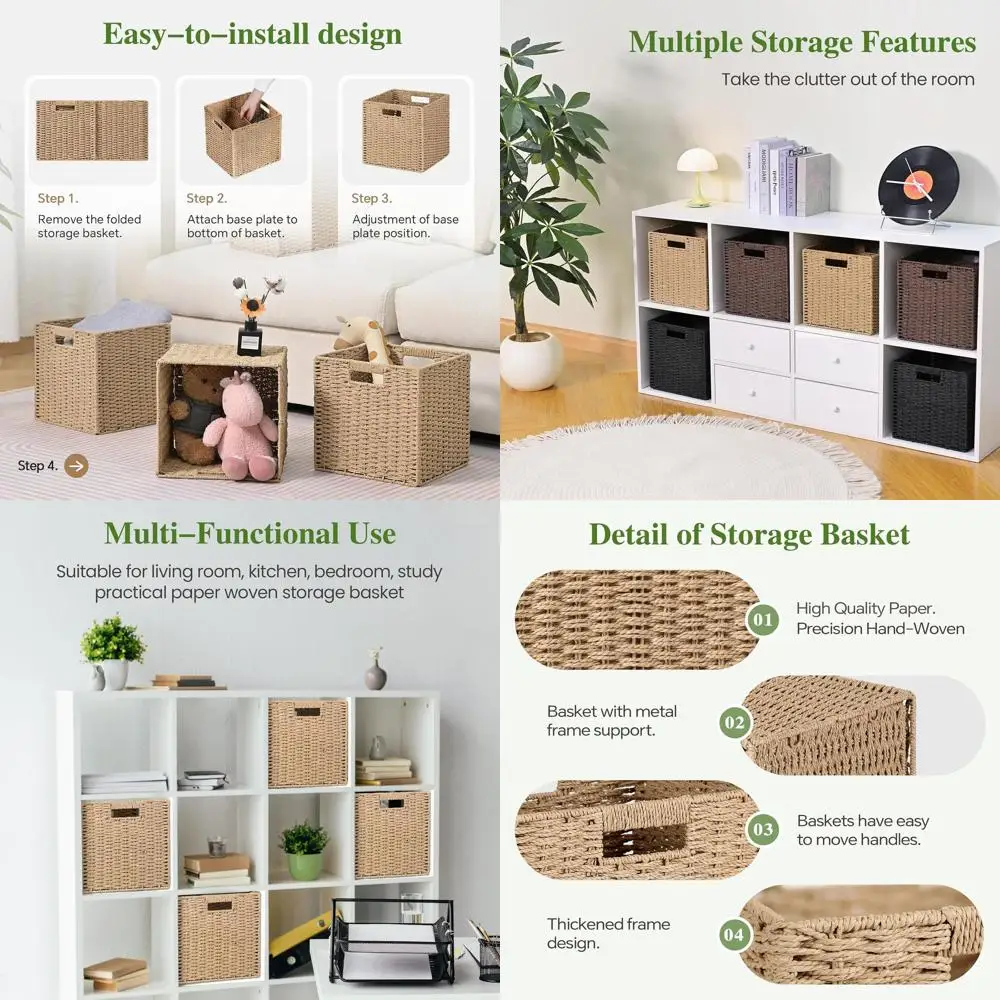 Set of 4 Foldable Wicker Storage Baskets, 11x11 Paper Rope Cube Organizers with Handles for Home Shelving and Closet
Set of 4 Foldable Wicker Storage Baskets, 11x11 Paper Rope Cube Organizers with Handles for Home Shelving and Closet