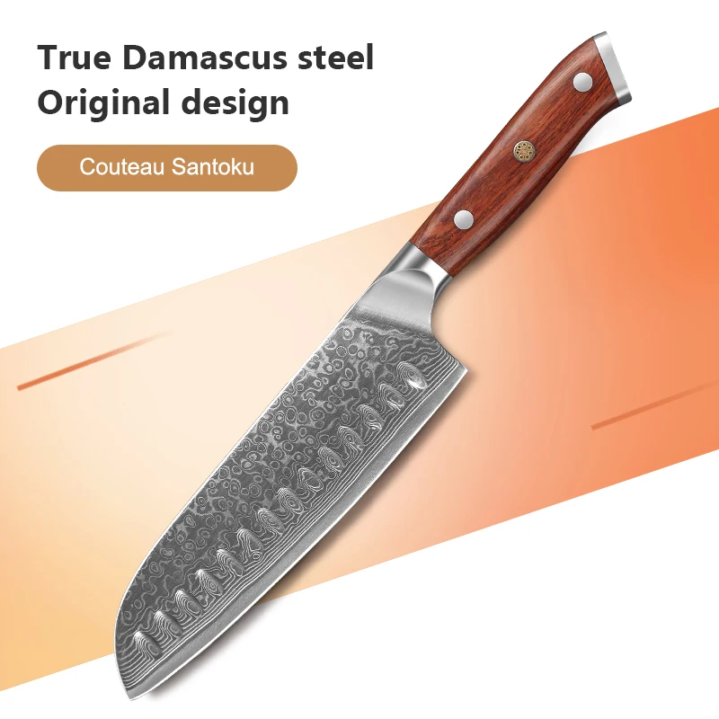 7-inch Japanese Santoku Kitchen Knives, 67 Layers Damascus Steel Chef Knife Rosewood Handle with Meat Fruits and Vegetables
7-inch Japanese Santoku Kitchen Knives, 67 Layers Damascus Steel Chef Knife Rosewood Handle with Meat Fruits and Vegetables