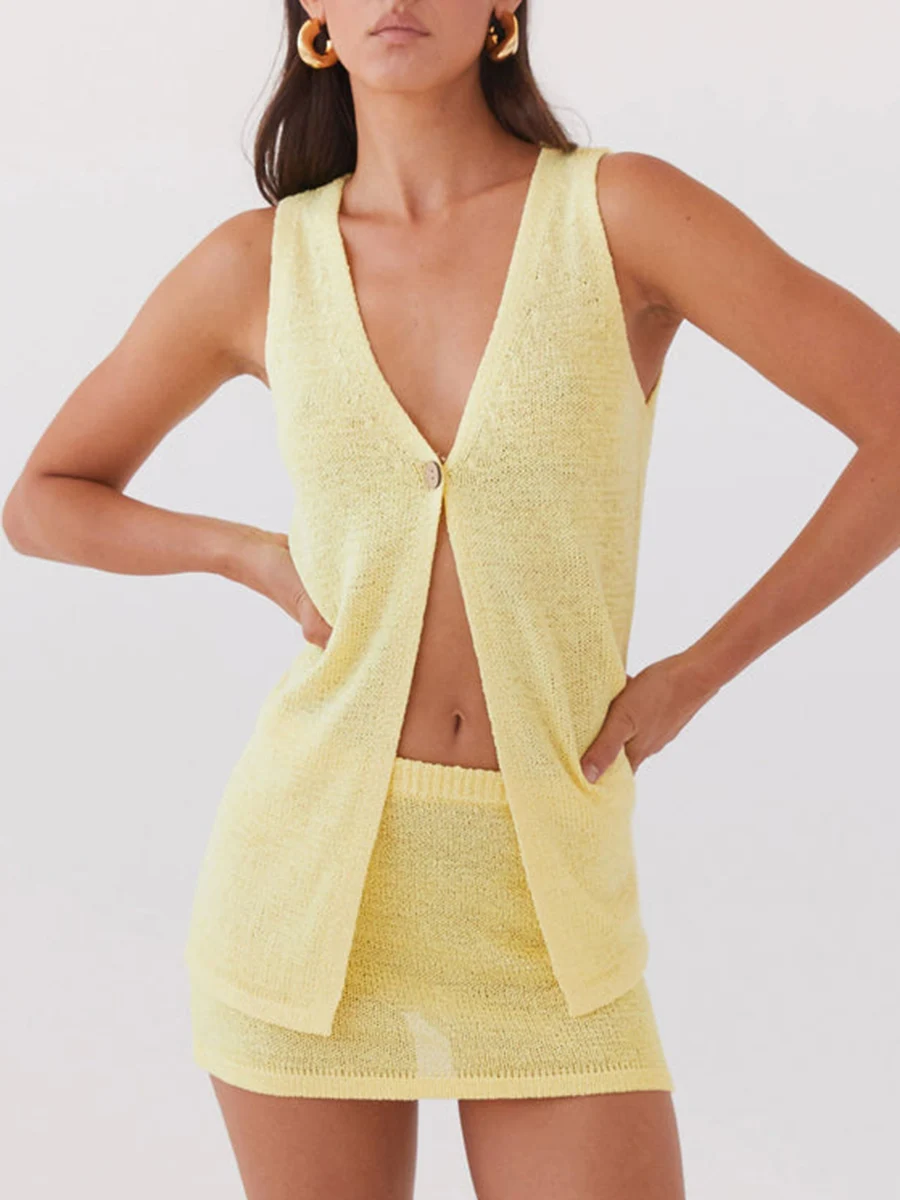 Женская вязаная юбка из 2 предметов Y2K, сексуальный жилет без рукавов с v-образным вырезом на пуговицах, топ, мини-юбка, летняя пляжная повседневная одежда
Женская вязаная юбка из 2 предметов Y2K, сексуальный жилет без рукавов с v-образным вырезом на пуговицах, топ, мини-юбка, летняя пляжная повседневная одежда