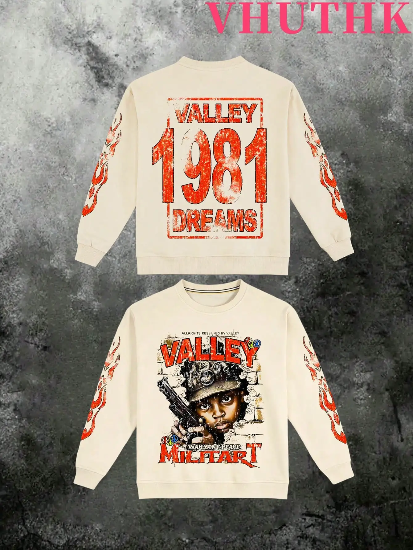 Кремовый свитер с длинными рукавами, графическим принтом и эффектом потертости, с изображением пламени, в стиле Y2K Streetwear
Кремовый свитер с длинными рукавами, графическим принтом и эффектом потертости, с изображением пламени, в стиле Y2K Streetwear