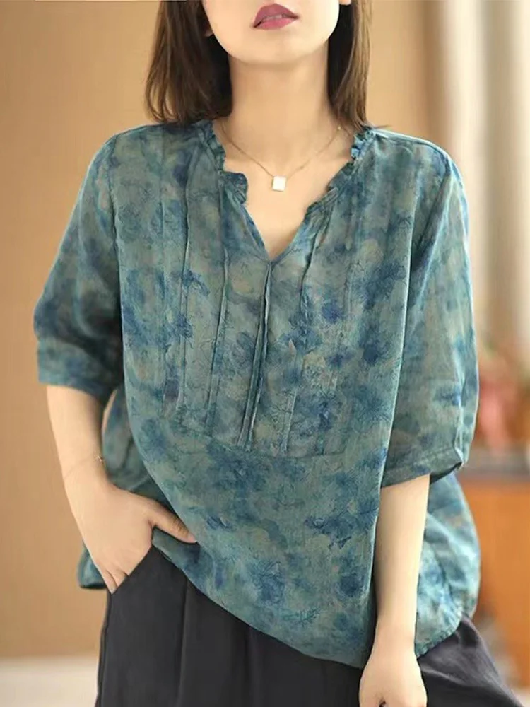 Women's V-ne Linen irt Floral Print Casual Sle ort Sve Loose Fit Summer Faion Artistic Thin Top
Women's V-ne Linen irt Floral Print Casual Sle ort Sve Loose Fit Summer Faion Artistic Thin Top