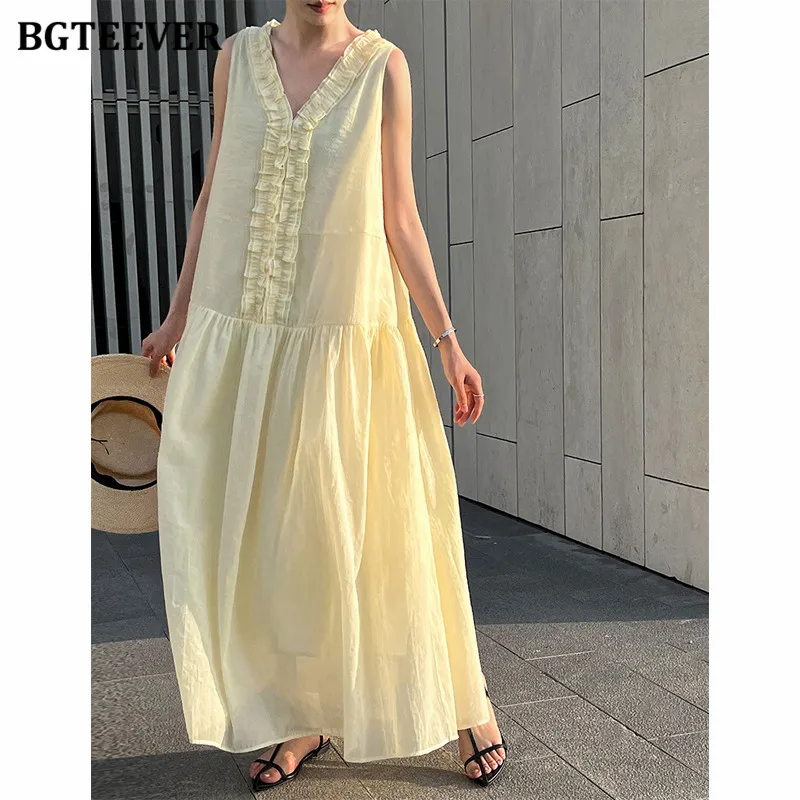BGTEEVER French-style A-line Women's Maxi Dress with Ruffled Trim, Sweet V-neck Sleeveless Vest Dress for Summer
BGTEEVER French-style A-line Women's Maxi Dress with Ruffled Trim, Sweet V-neck Sleeveless Vest Dress for Summer