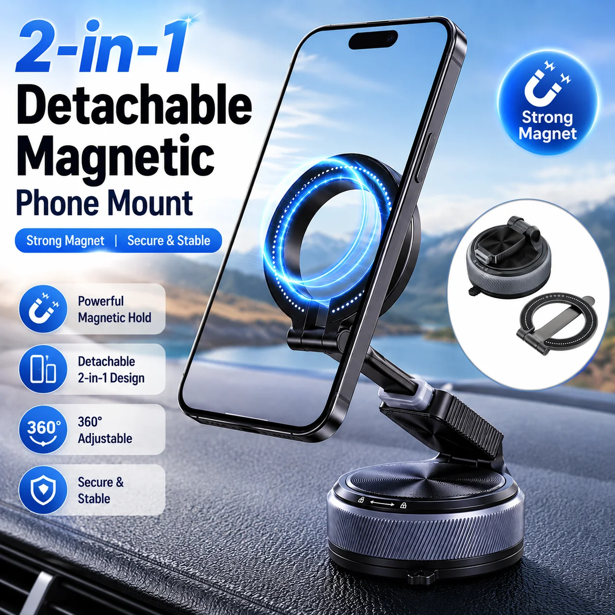 2-in-1 Detachable Magnetic Phone Holder 360° Rotation Vacuum Suction Base & Foldable Desk Stand
2-in-1 Detachable Magnetic Phone Holder 360° Rotation Vacuum Suction Base & Foldable Desk Stand