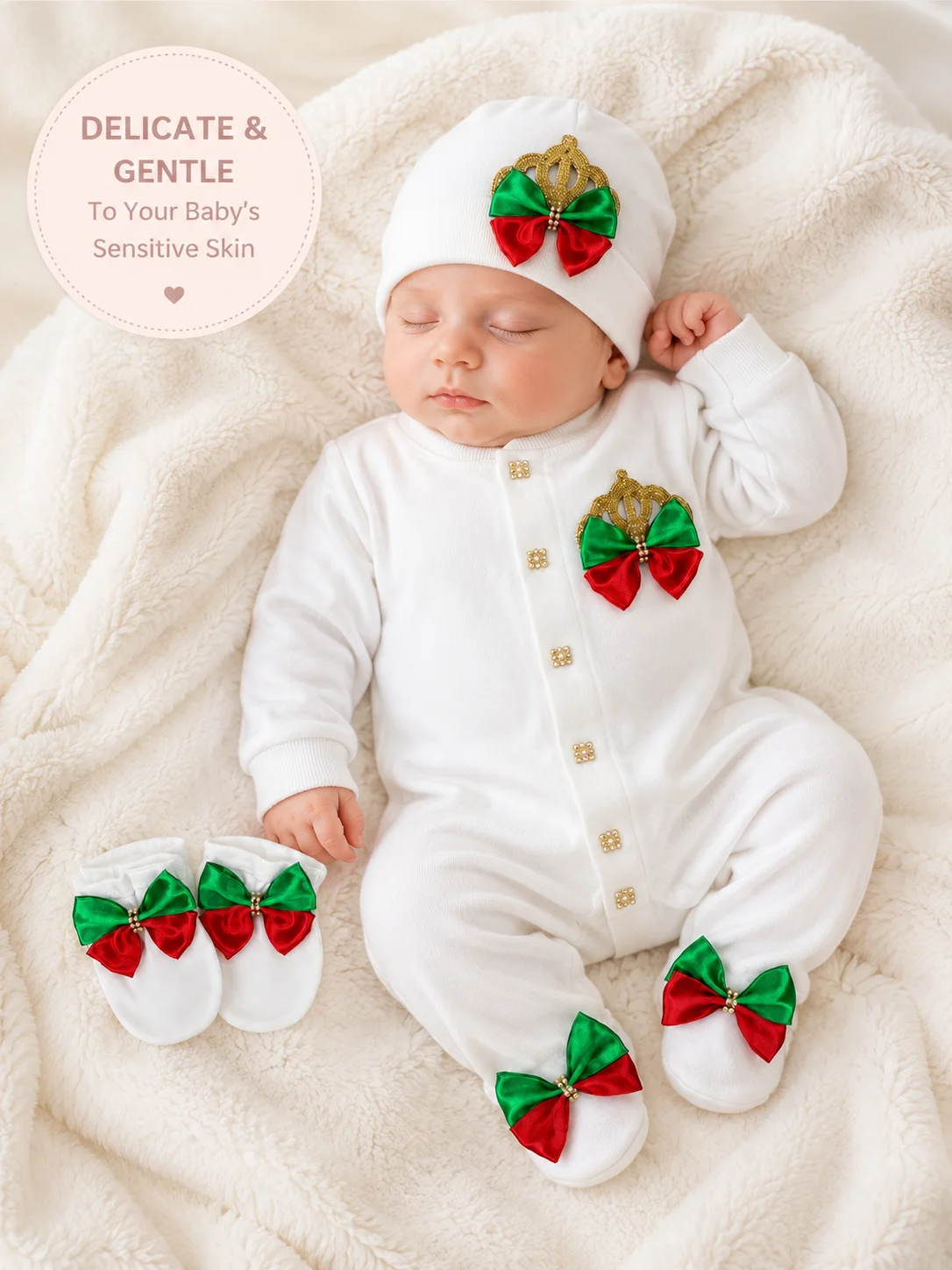 Holiday Theme Cotton Newborn Formal 3Pcs 3D Satin Bow Rhinestone Crown Long Sleeve Footed Baby Romper Hat Socks Gift Set
Holiday Theme Cotton Newborn Formal 3Pcs 3D Satin Bow Rhinestone Crown Long Sleeve Footed Baby Romper Hat Socks Gift Set