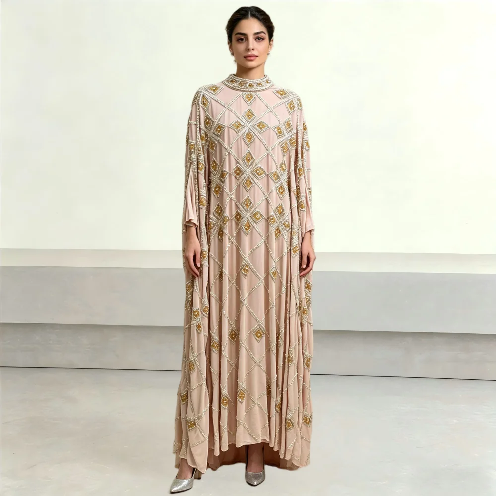 Elegant Pink Chiffon Abaya Gold Silver Beaded Embroidery Batwing Sleeve Free Size Muslim Modest Maxi Dress for Women Eid Party
Elegant Pink Chiffon Abaya Gold Silver Beaded Embroidery Batwing Sleeve Free Size Muslim Modest Maxi Dress for Women Eid Party