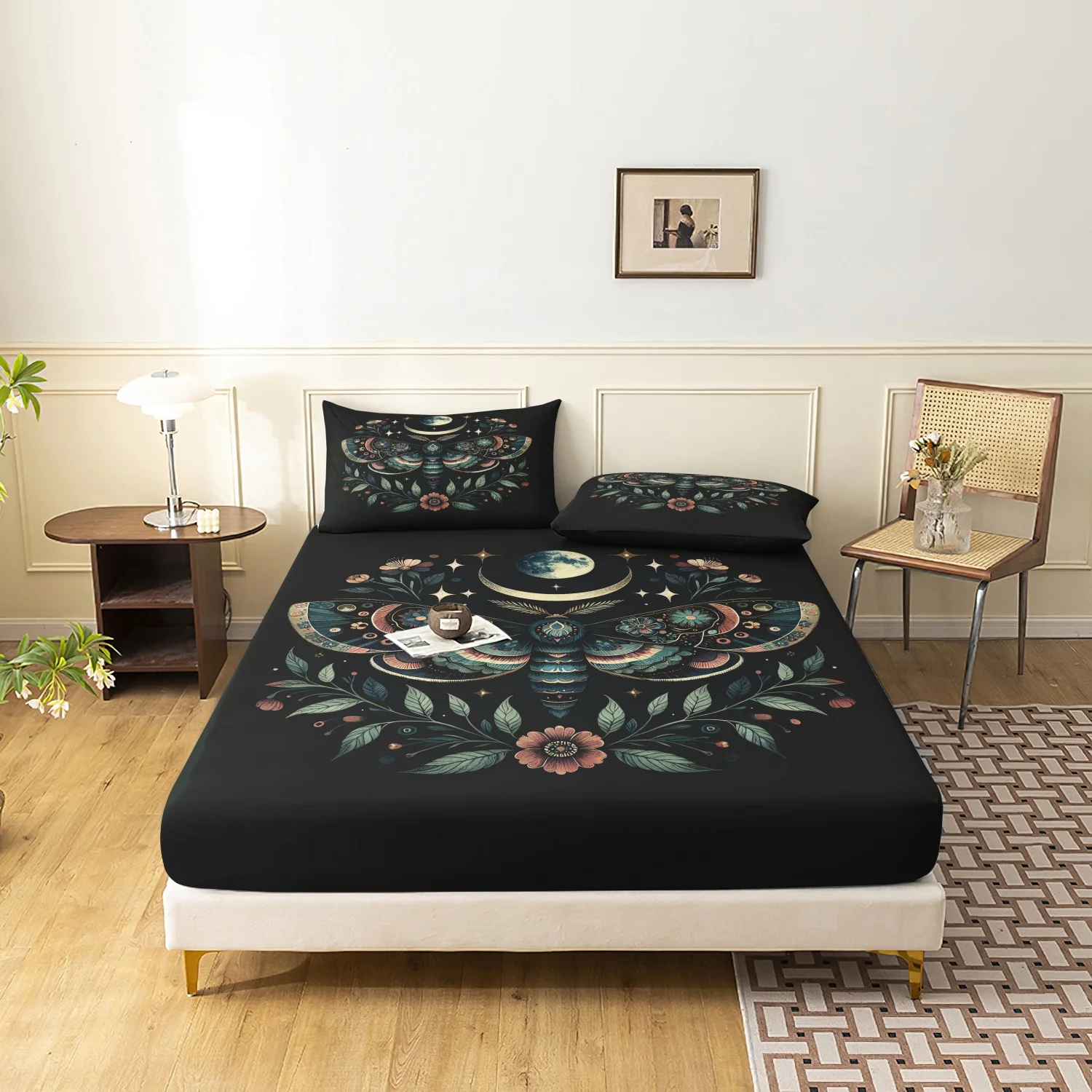 3pcs Black Bohemian Lunar Moth Fitted Sheet Set, Botanical Moon Flower Print Bedding,Room And Dormitories Mattress Protector
3pcs Black Bohemian Lunar Moth Fitted Sheet Set, Botanical Moon Flower Print Bedding,Room And Dormitories Mattress Protector
