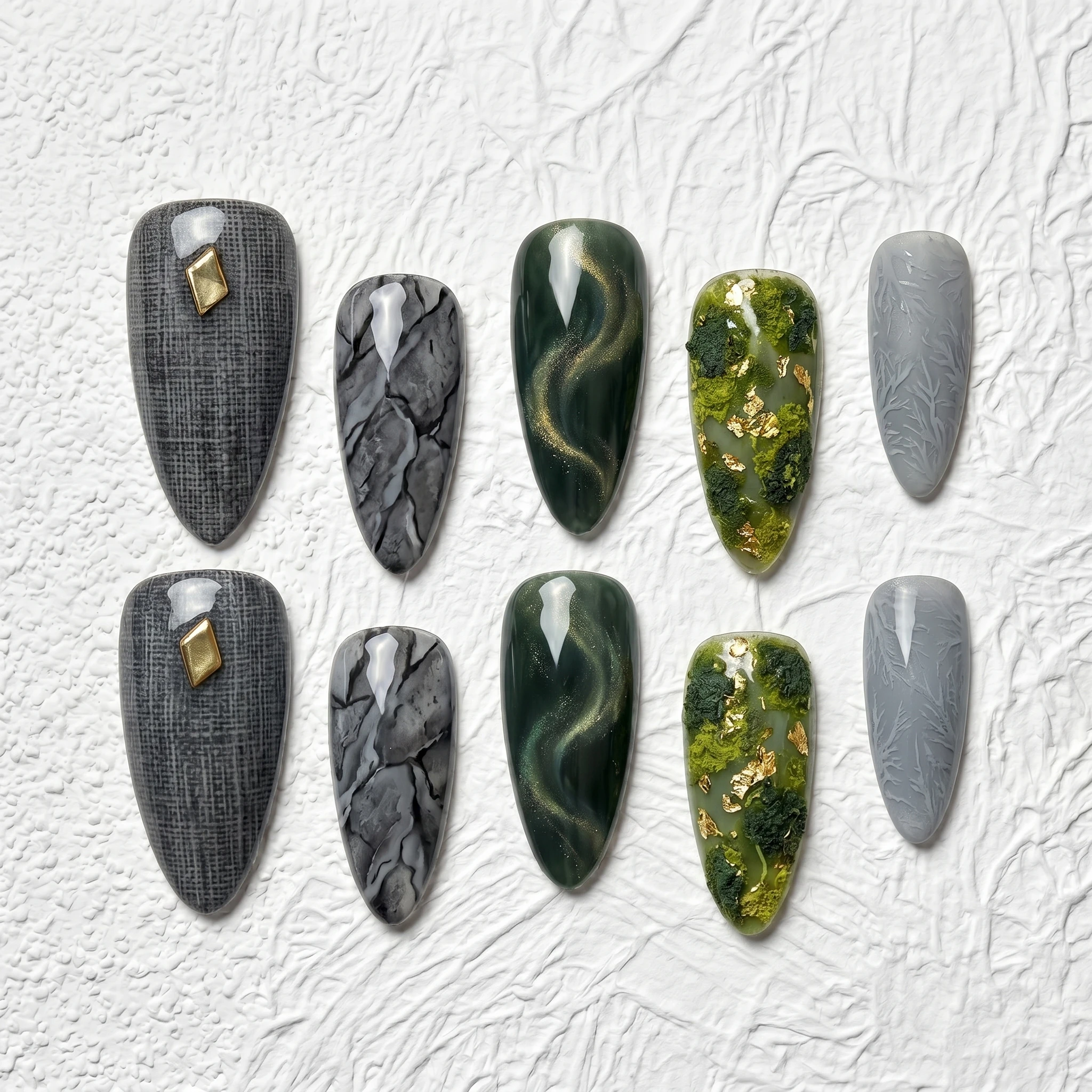 Artisan Handcrafted 10PCS Elegant Stiletto Press-On Nails | Marbled Green & Grey, Gold Leaf, Pearls, Evening Wear Party Wear
Artisan Handcrafted 10PCS Elegant Stiletto Press-On Nails | Marbled Green & Grey, Gold Leaf, Pearls, Evening Wear Party Wear