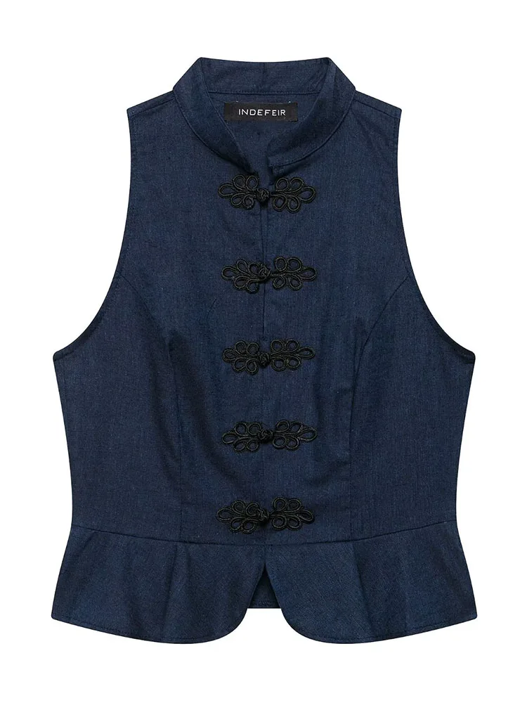 HH Women Summer Spring Vintage Elegant Dark Denim Mandarin Collar Frog Button Peplum Sleeveless Vest For Tea House Holiday Wear
HH Women Summer Spring Vintage Elegant Dark Denim Mandarin Collar Frog Button Peplum Sleeveless Vest For Tea House Holiday Wear