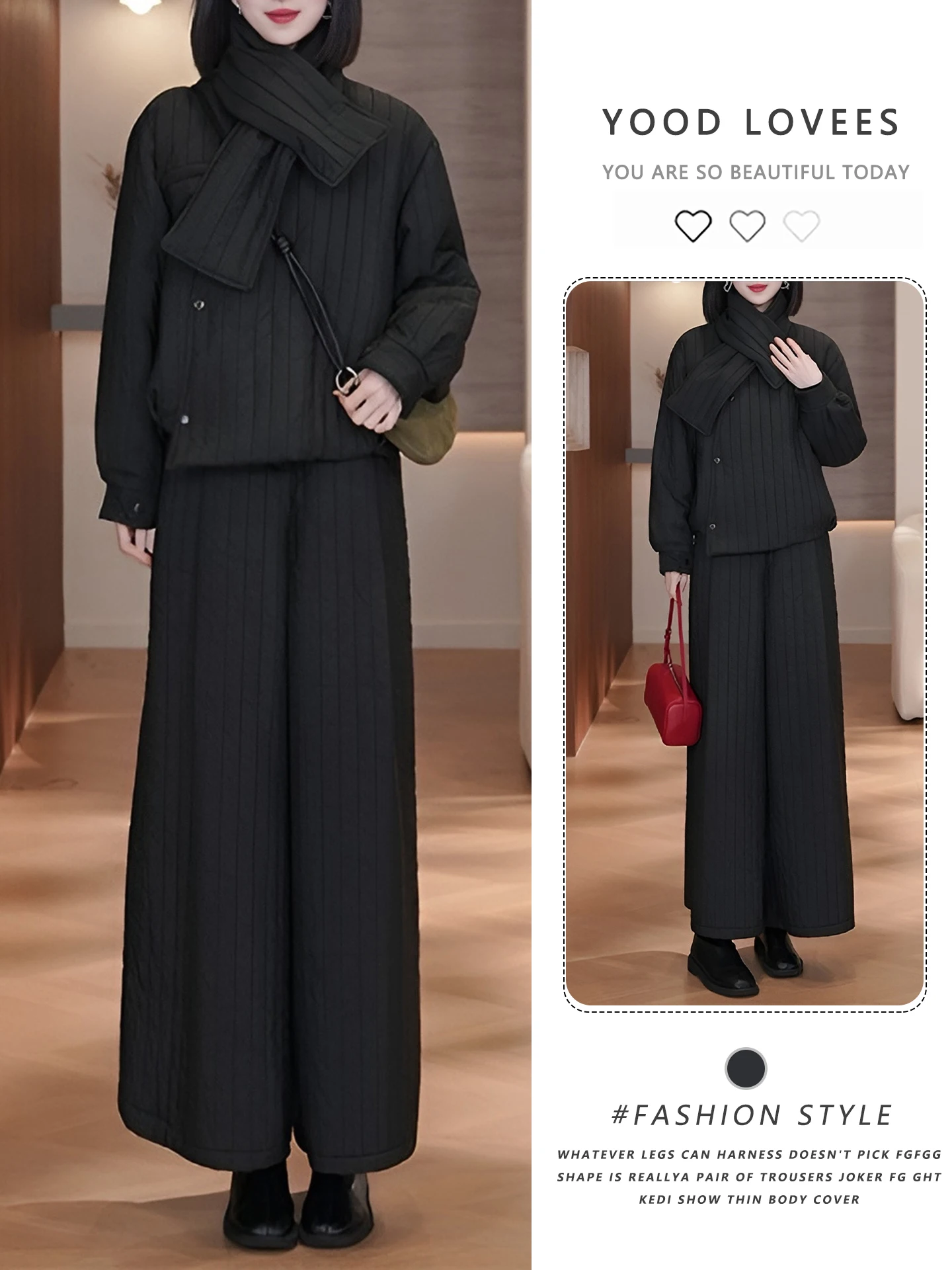 Fashionable Thickened Winter Set for Women with Scarf Loose Wide Leg Cotton Pants High Waist V Neck Three Piece Suit
Fashionable Thickened Winter Set for Women with Scarf Loose Wide Leg Cotton Pants High Waist V Neck Three Piece Suit
