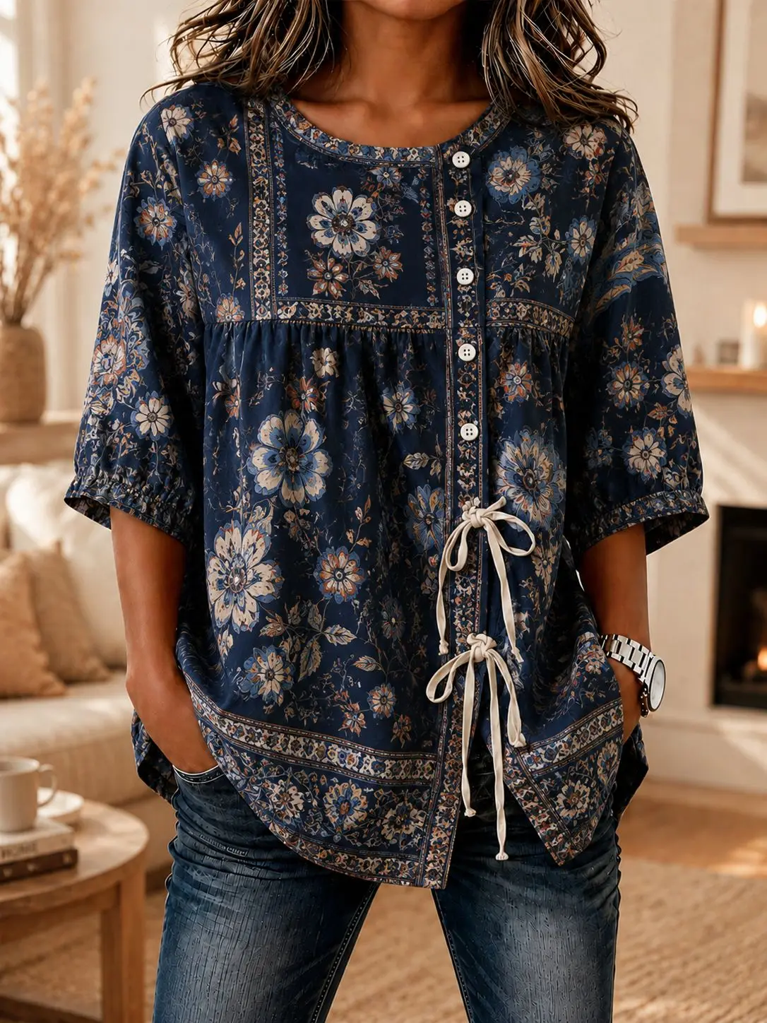 Women's Boho Navy Floral Border Print Drawstring Button Up Blouse, Casual Round Neck Tops for Spring Summer Daily Wear
Women's Boho Navy Floral Border Print Drawstring Button Up Blouse, Casual Round Neck Tops for Spring Summer Daily Wear