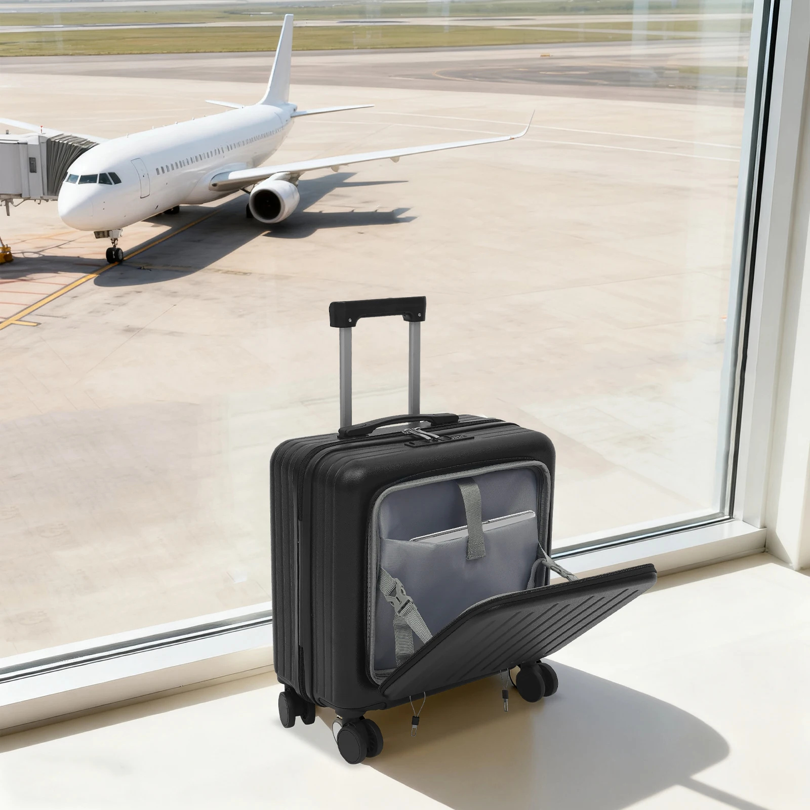18" Boarding Suitcase W/USB Port Cup Holder Front Laptop Compartment, Travel Carry-On 3-Digit Lock 4 Universal Wheels
18" Boarding Suitcase W/USB Port Cup Holder Front Laptop Compartment, Travel Carry-On 3-Digit Lock 4 Universal Wheels