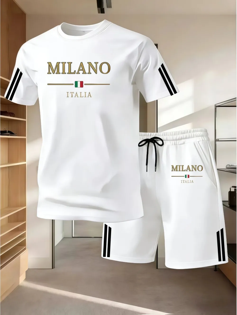 American men's summer new letter stripe print soft and breathable round neck T-shirt drawstring shorts set outdoor casual wear
American men's summer new letter stripe print soft and breathable round neck T-shirt drawstring shorts set outdoor casual wear