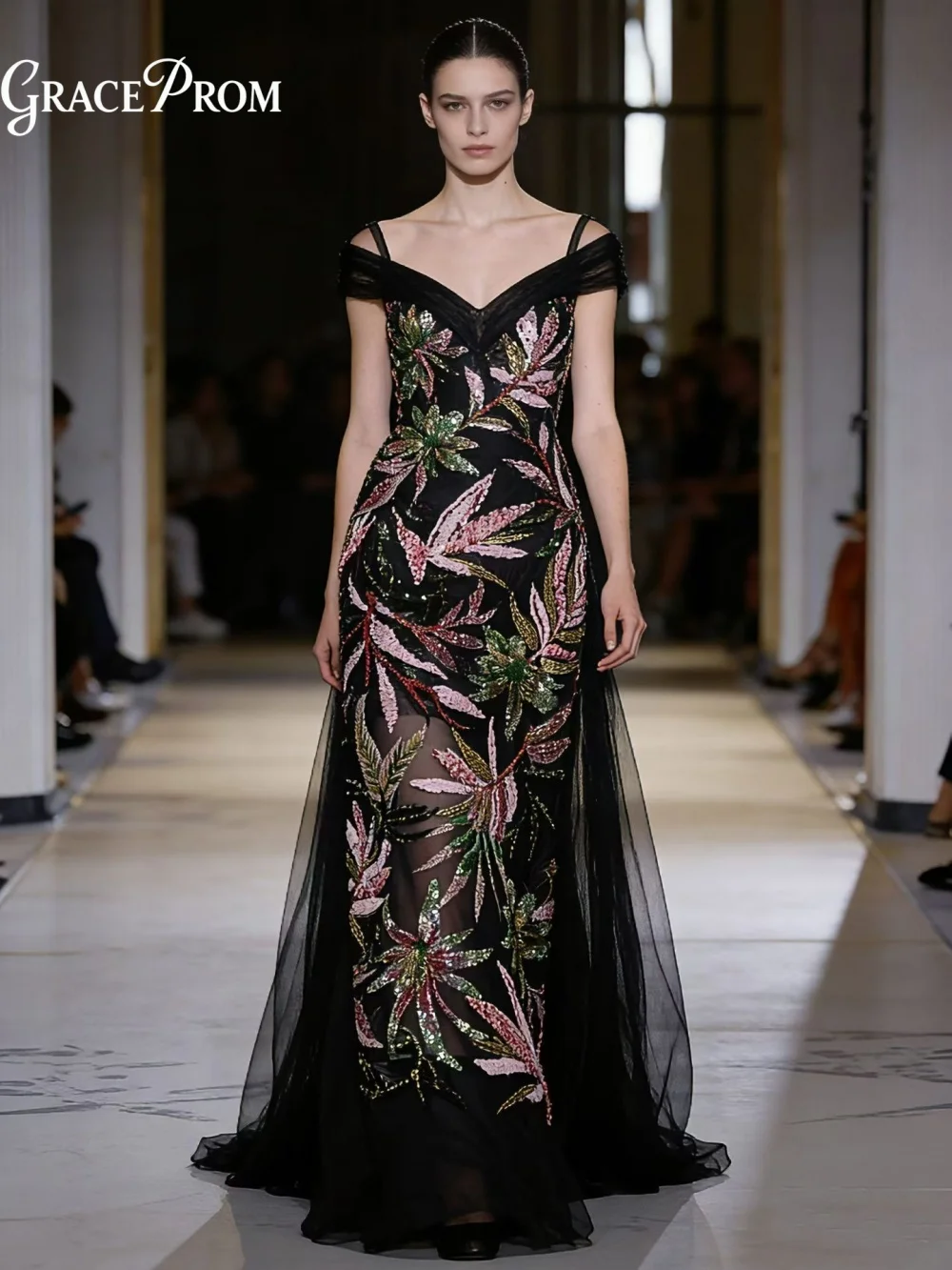 Enchanting Colorful Foliage Beaded Black Evening Gown Off Shoulder Sheer Tulle Mermaid Party Dress Wedding Guests فساتين سهرة
Enchanting Colorful Foliage Beaded Black Evening Gown Off Shoulder Sheer Tulle Mermaid Party Dress Wedding Guests فساتين سهرة