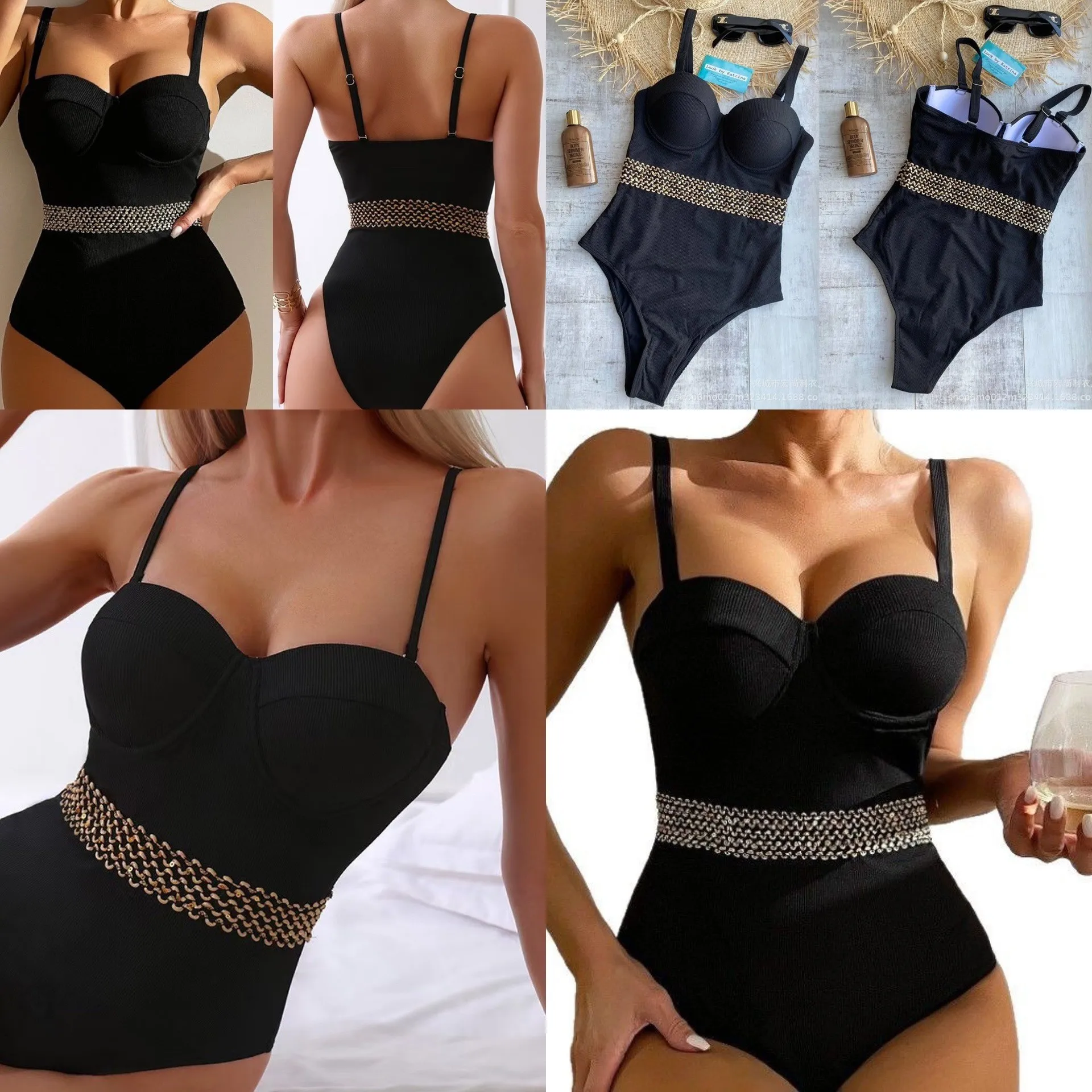 Black Bikini Ribbed Fabric Gold Trim Swimsuit Underwire Bust Adjustable Straps Padded Deep V Neckline Monokini Sleeveless Solid
Black Bikini Ribbed Fabric Gold Trim Swimsuit Underwire Bust Adjustable Straps Padded Deep V Neckline Monokini Sleeveless Solid