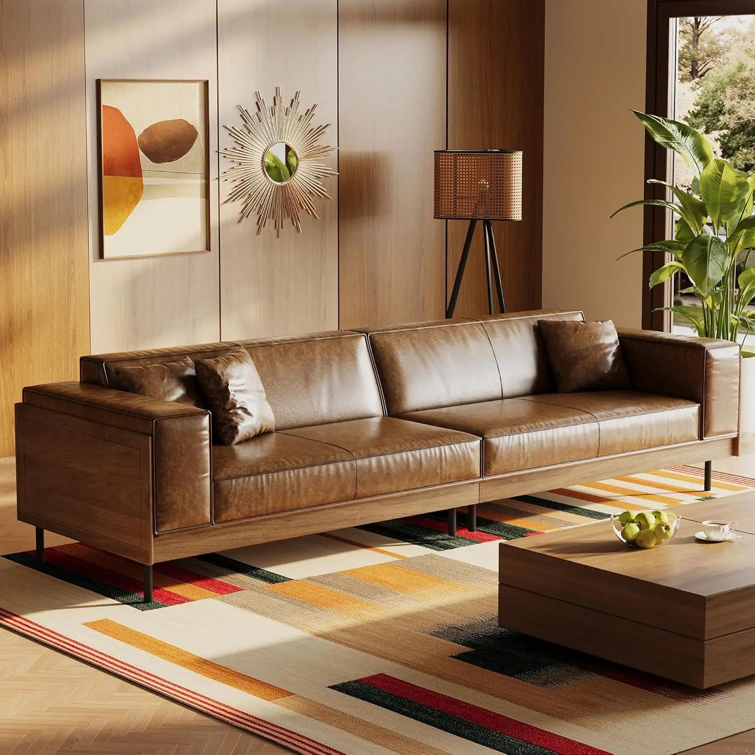 111.81" Mid-Century Modern Brown 4-Seater Waxed Leather Sofa, Walnut Wood Frame Couch for Living Room, Apartment & Office
111.81" Mid-Century Modern Brown 4-Seater Waxed Leather Sofa, Walnut Wood Frame Couch for Living Room, Apartment & Office