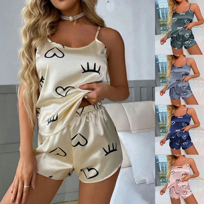 Ice Silk Sexy Satin Camisole Pajama Set, Fashionable Heart Printed Shorts, Outerwear, Wearing It Outside,Home Clothes For Women
Ice Silk Sexy Satin Camisole Pajama Set, Fashionable Heart Printed Shorts, Outerwear, Wearing It Outside,Home Clothes For Women