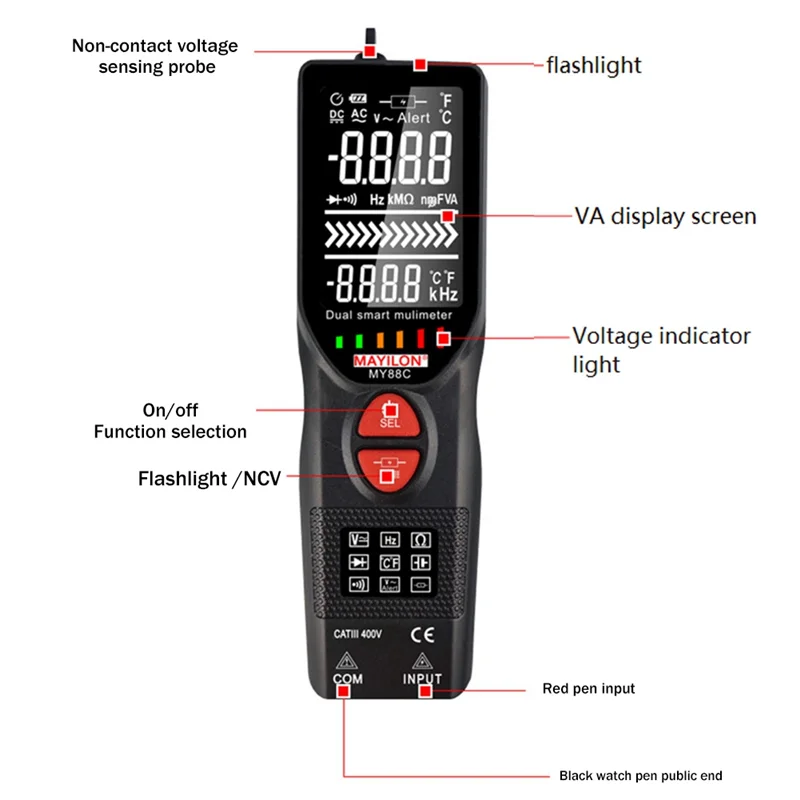 New MAYILON MY88C Smart Multimeter NCV Voltage Detector 6000 Counts Digital LCD Pen Type Thermocouple Probe 0-1000℃ Tester
New MAYILON MY88C Smart Multimeter NCV Voltage Detector 6000 Counts Digital LCD Pen Type Thermocouple Probe 0-1000℃ Tester