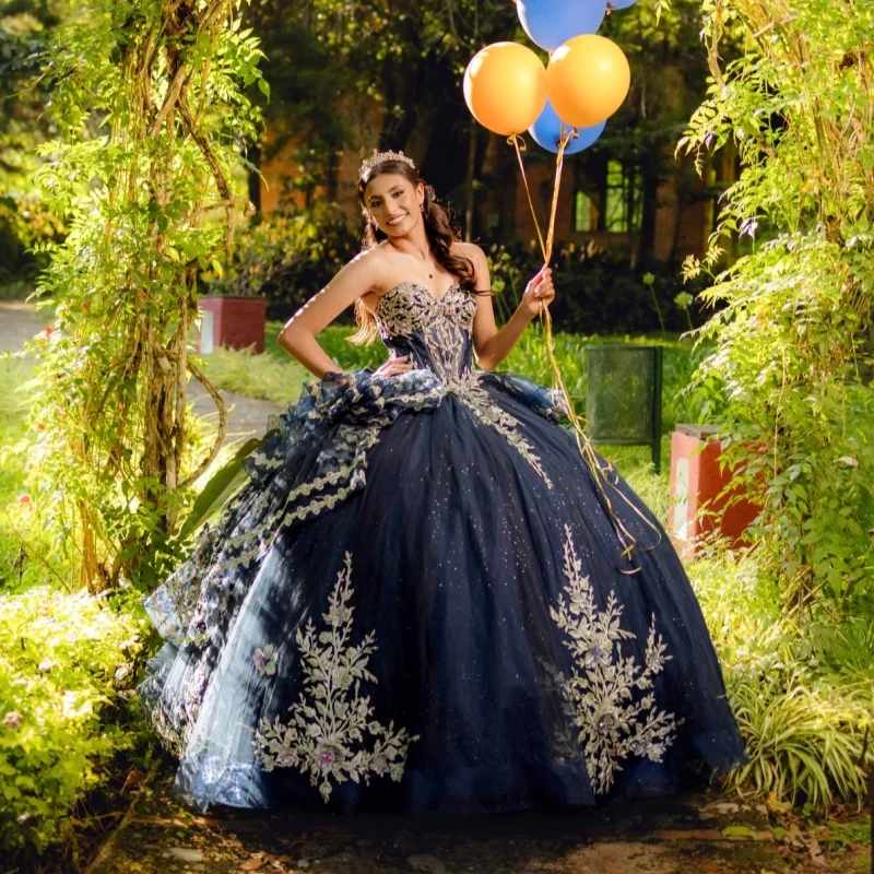 Shiny Dark Blue Quinceanera Dress off-shoulder Silvery Glitter Crystal Layering Decal Long tail Bow vestidos de 15 Quinceanera
Shiny Dark Blue Quinceanera Dress off-shoulder Silvery Glitter Crystal Layering Decal Long tail Bow vestidos de 15 Quinceanera 