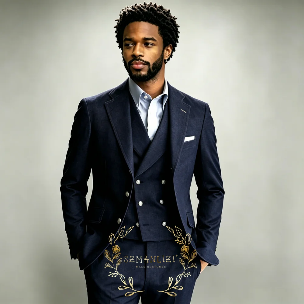 Fashion Navy Blue Denim Men Suit Set Notched Lapel Wedding Party Formal Prom Blazer Vest Pants 3 Pieces Costumes Outfits
Fashion Navy Blue Denim Men Suit Set Notched Lapel Wedding Party Formal Prom Blazer Vest Pants 3 Pieces Costumes Outfits