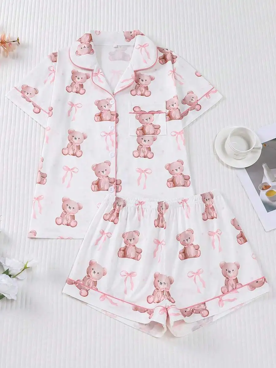 2-Piece Teddy Bear Print Pajama Set For Women Short Sleeve Button Shirt And Elastic Waist Shorts
2-Piece Teddy Bear Print Pajama Set For Women Short Sleeve Button Shirt And Elastic Waist Shorts
