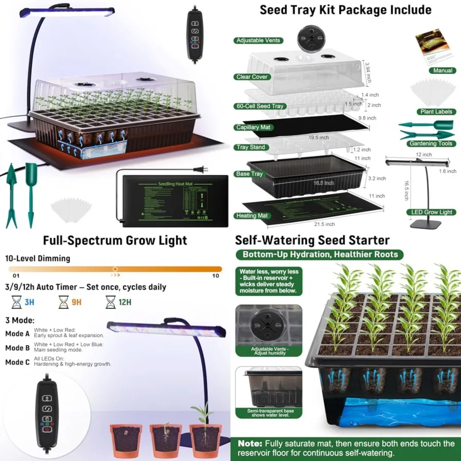 60-Cell Self-Watering Seed Starter Kit with Grow Light and Heat Mat, Seedling Tray with Humidity Dome, Indoor Plant Germination
60-Cell Self-Watering Seed Starter Kit with Grow Light and Heat Mat, Seedling Tray with Humidity Dome, Indoor Plant Germination