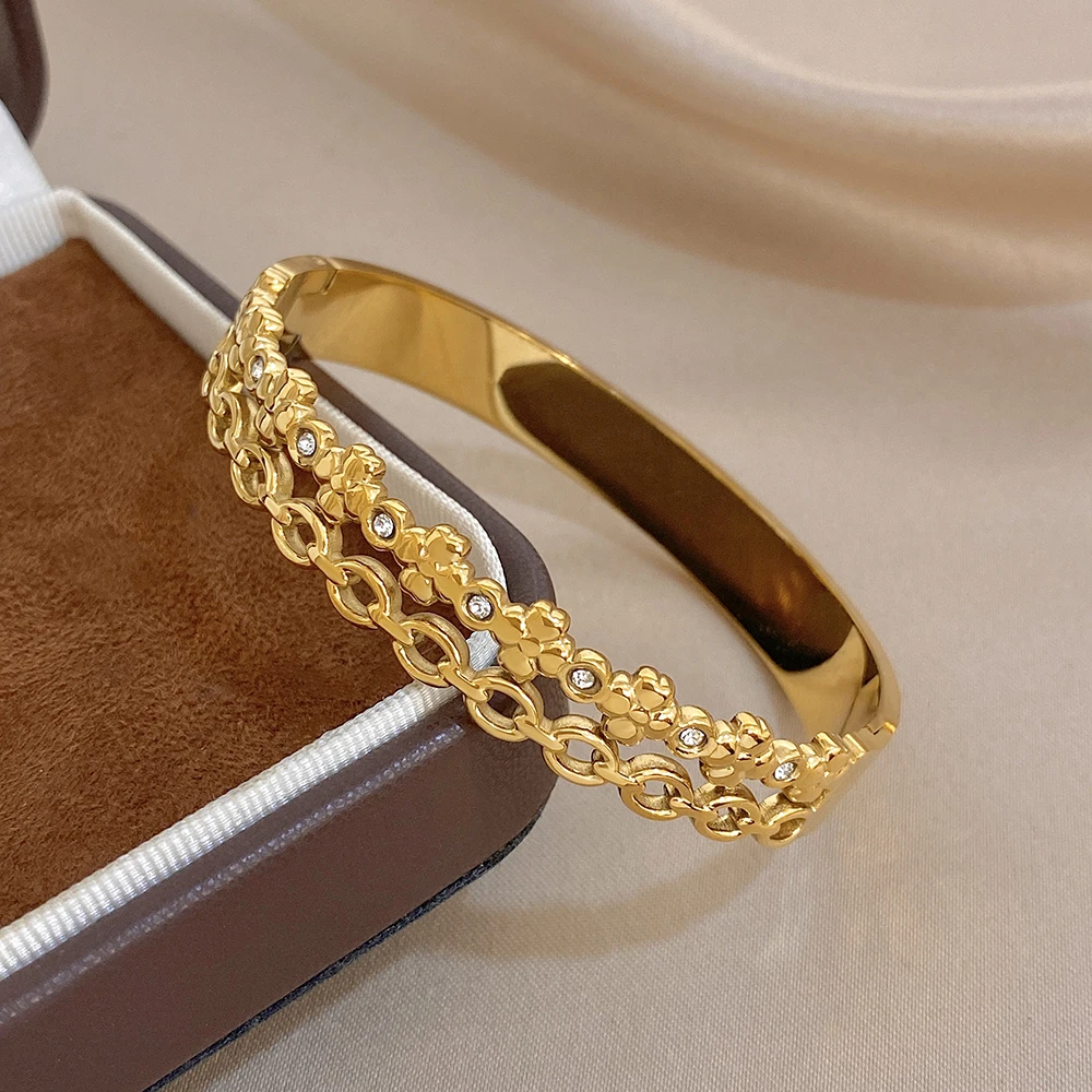 Freetry Vintage Flower Hollow Stainless Steel Bangle for Women Double layer Golden Waterproof Spring Bracelet Party Jewelry Gift
Freetry Vintage Flower Hollow Stainless Steel Bangle for Women Double layer Golden Waterproof Spring Bracelet Party Jewelry Gift