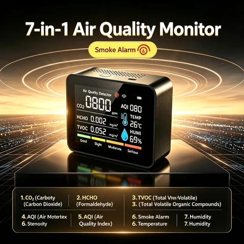 7-in-1 Smoke Alarm, Carbon Dioxide CO2, AIQ Formaldehyde TVOC, Alarm Air Quality Detector