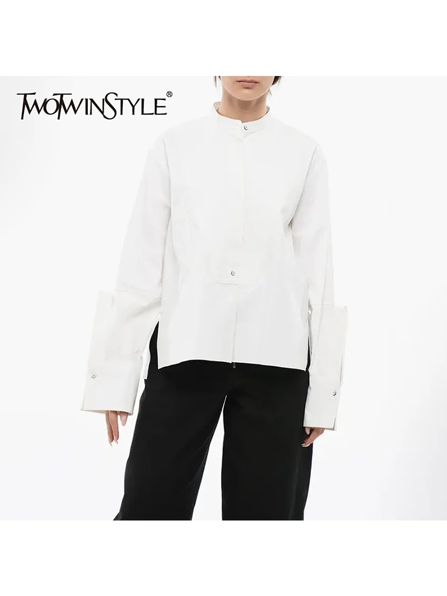 TWOTWINSTYLE Solid Spliced Single Breasted Basics Shirts for Women Stand Neck Long Sleeves Minimalist Shirt Female Clothing New
TWOTWINSTYLE Solid Spliced Single Breasted Basics Shirts for Women Stand Neck Long Sleeves Minimalist Shirt Female Clothing New