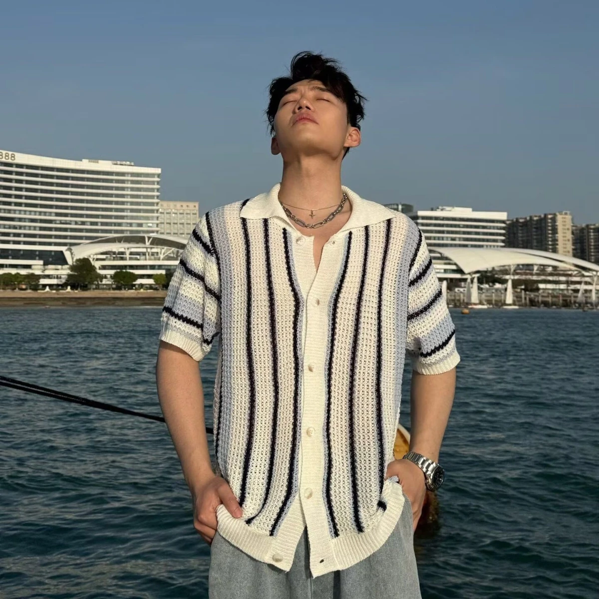 Japanese Style Casual Striped Knitted Short Sleeve Men's Summer Fashion Leisure Versatile Lazy Loose Top Open Cardigan
Japanese Style Casual Striped Knitted Short Sleeve Men's Summer Fashion Leisure Versatile Lazy Loose Top Open Cardigan