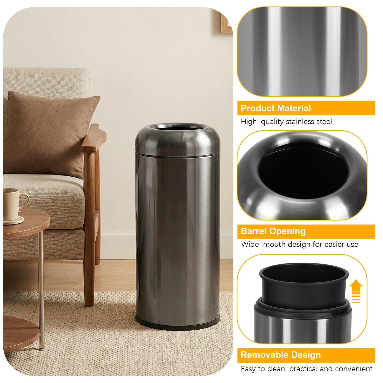 16 Gallon Commercial Big Garbage Bin with Detachable Lid Metallic Large Garbage Basket Wear Resist for Office Bedroom Restaurant
16 Gallon Commercial Big Garbage Bin with Detachable Lid Metallic Large Garbage Basket Wear Resist for Office Bedroom Restaurant