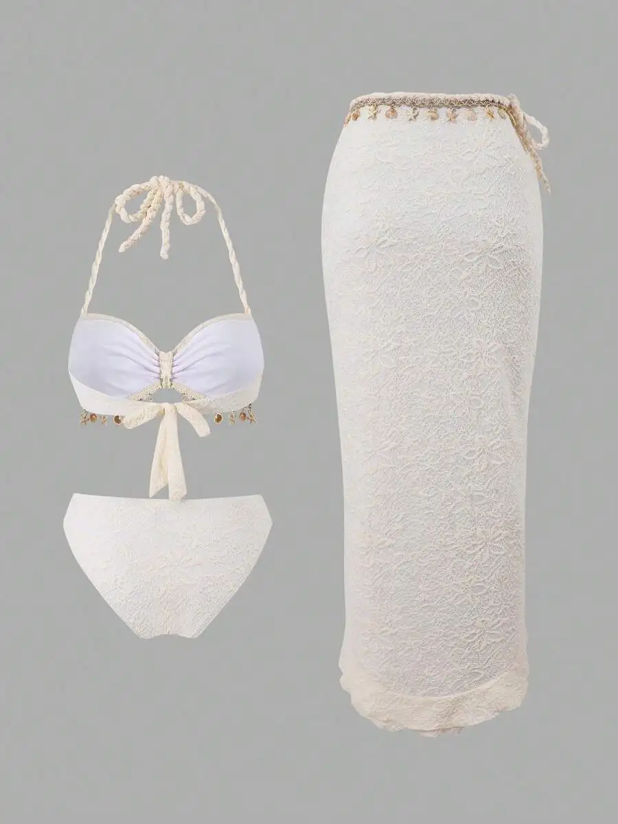 3pcs Women Lace Beach Swimwear Set With Woven Strap And Shell Decor
3pcs Women Lace Beach Swimwear Set With Woven Strap And Shell Decor
