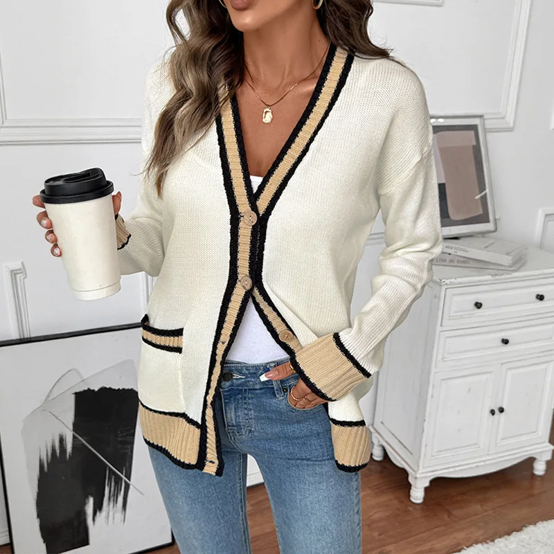 Chic Autumn Cardigan Workplace Leisure Lazy Style Knitted Jacket Loose V-neck Contrasting Color Sweater Cardigan Women Y2K
Chic Autumn Cardigan Workplace Leisure Lazy Style Knitted Jacket Loose V-neck Contrasting Color Sweater Cardigan Women Y2K