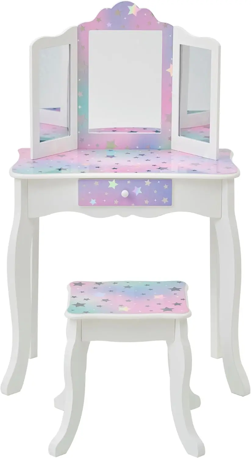 Kids Vanity Table with Mirror & Stool - White Lavender Starry Sky Design, Storage Drawer, Safe Rounded Corners
Kids Vanity Table with Mirror & Stool - White Lavender Starry Sky Design, Storage Drawer, Safe Rounded Corners