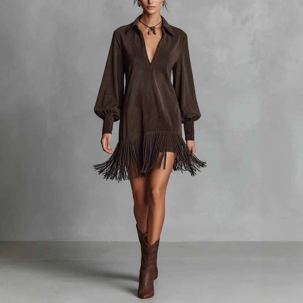 Women's Slim Fit V-Neck Dress Western Denim Suede Inspired Hem Tassel Detail Long Sleeved New Arrival
Women's Slim Fit V-Neck Dress Western Denim Suede Inspired Hem Tassel Detail Long Sleeved New Arrival