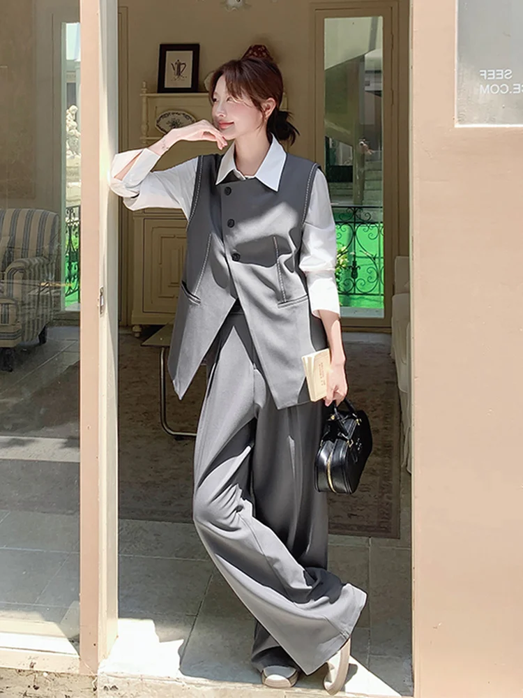 Elegant Grey Vest Wide Leg Pants Set Women's Commute Fashion Three Piece Suit Spring Autumn High Waist Long Sleeve Button up
Elegant Grey Vest Wide Leg Pants Set Women's Commute Fashion Three Piece Suit Spring Autumn High Waist Long Sleeve Button up