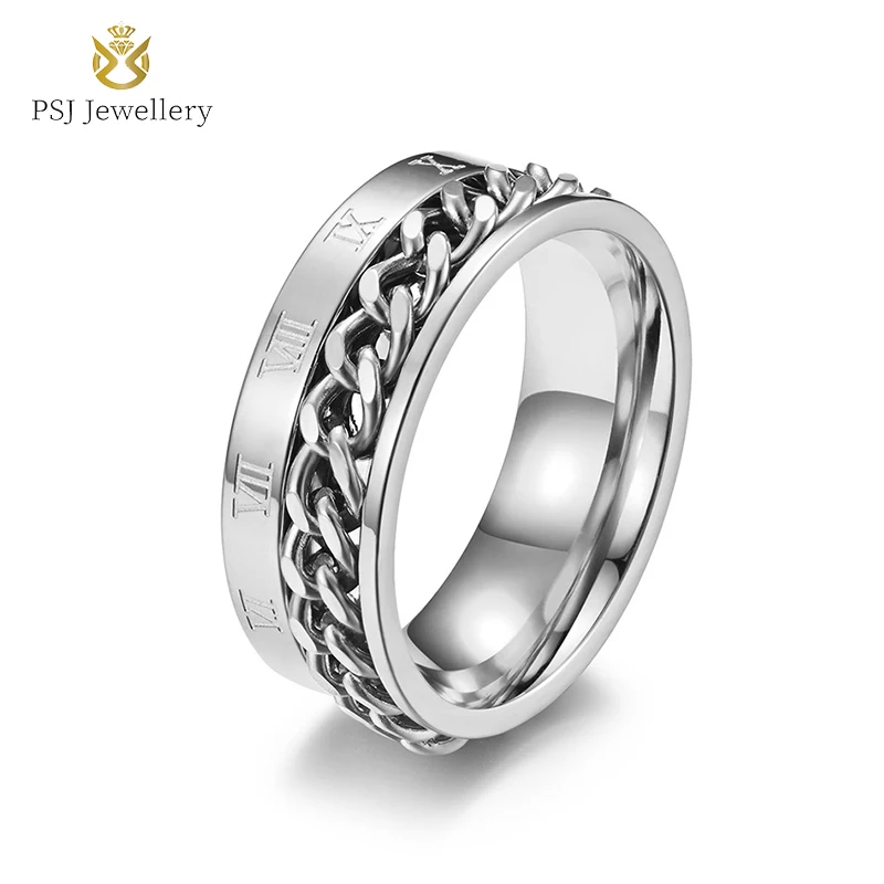PSJ Wholesale Fashion Jewelry 8mm High Polished Roman Numerals Engraved Rotatable Chain Stainless Steel Rings for Men
PSJ Wholesale Fashion Jewelry 8mm High Polished Roman Numerals Engraved Rotatable Chain Stainless Steel Rings for Men