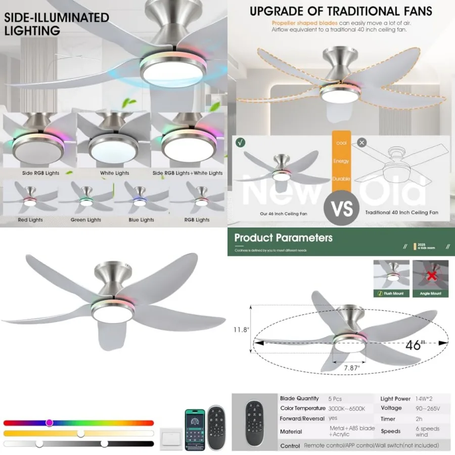 Ceilg Fans with Lights Remote/APP Control, Low Profile Ceiling Fans with Dimmable Colors+Ring Lights, 6 Speeds 5 Reversible Cur
Ceilg Fans with Lights Remote/APP Control, Low Profile Ceiling Fans with Dimmable Colors+Ring Lights, 6 Speeds 5 Reversible Cur