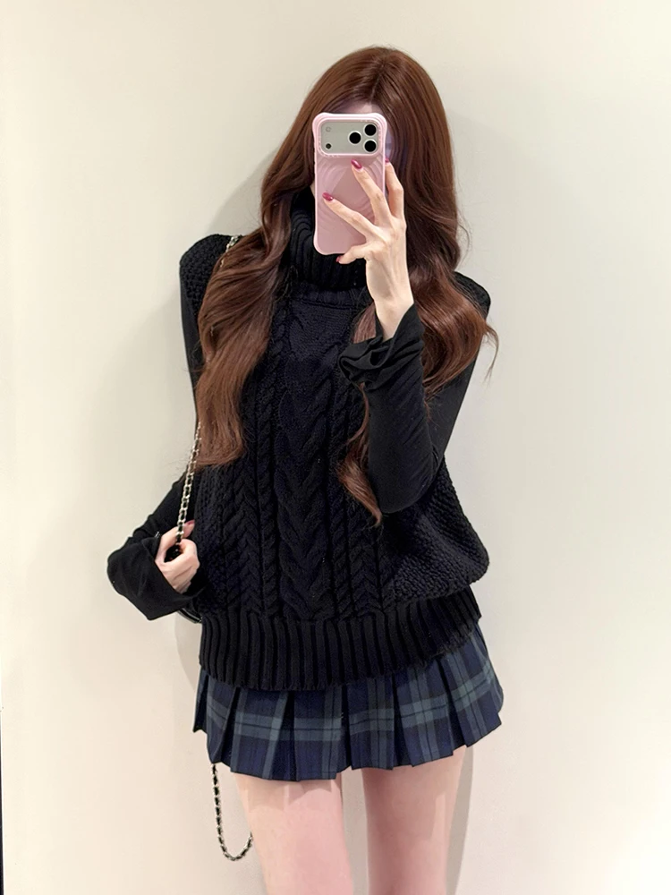Korean Style High Collar Black Sweater Sleeveless Vest Women's Autumn Winter New Belted Knitted Top Soft Loose Fit Comfortable
Korean Style High Collar Black Sweater Sleeveless Vest Women's Autumn Winter New Belted Knitted Top Soft Loose Fit Comfortable