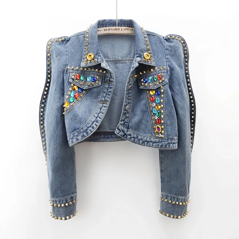 Multicolor Diamonds Rivet Denim Jacket Spring Women Slim Short Cowboy Outwear Irregular Placket Puff Sleeves Jeans Jacket Female
Multicolor Diamonds Rivet Denim Jacket Spring Women Slim Short Cowboy Outwear Irregular Placket Puff Sleeves Jeans Jacket Female